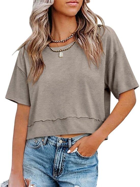 Tops - Women's Light Brown Crew Neck Short Sleeve Cropped T Shirt Loose Fit Casual Top